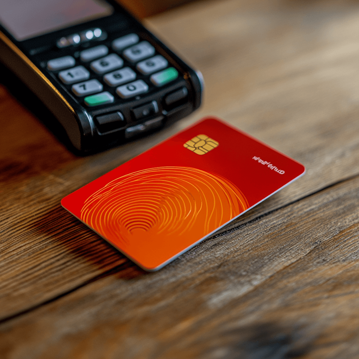 Red credit card next to a payment terminal