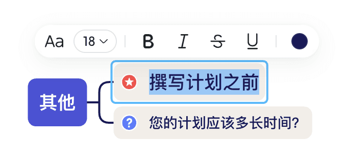 主题处于文字编辑状态,选中部分文字,展示文字格式工具栏及格式调整后的效果。