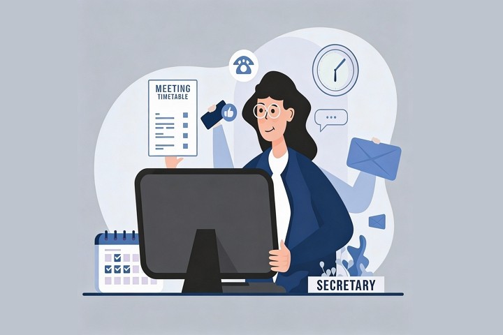 Illustration of a company secretary working at a computer with documents and schedules, representing administrative and compliance work