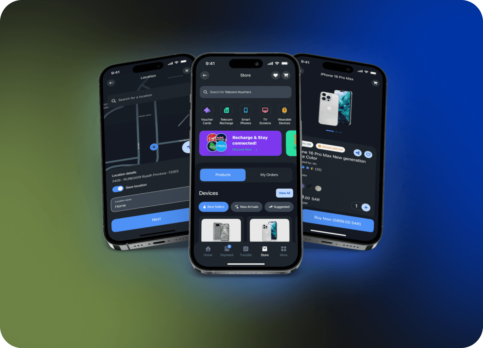 Three iPhones displaying a banking app