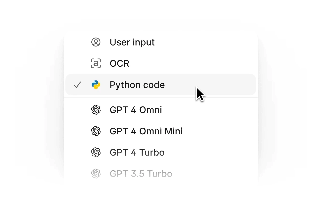 Dropdown menu showing selectable options for automation tasks, including "Python code," "OCR," and AI models.