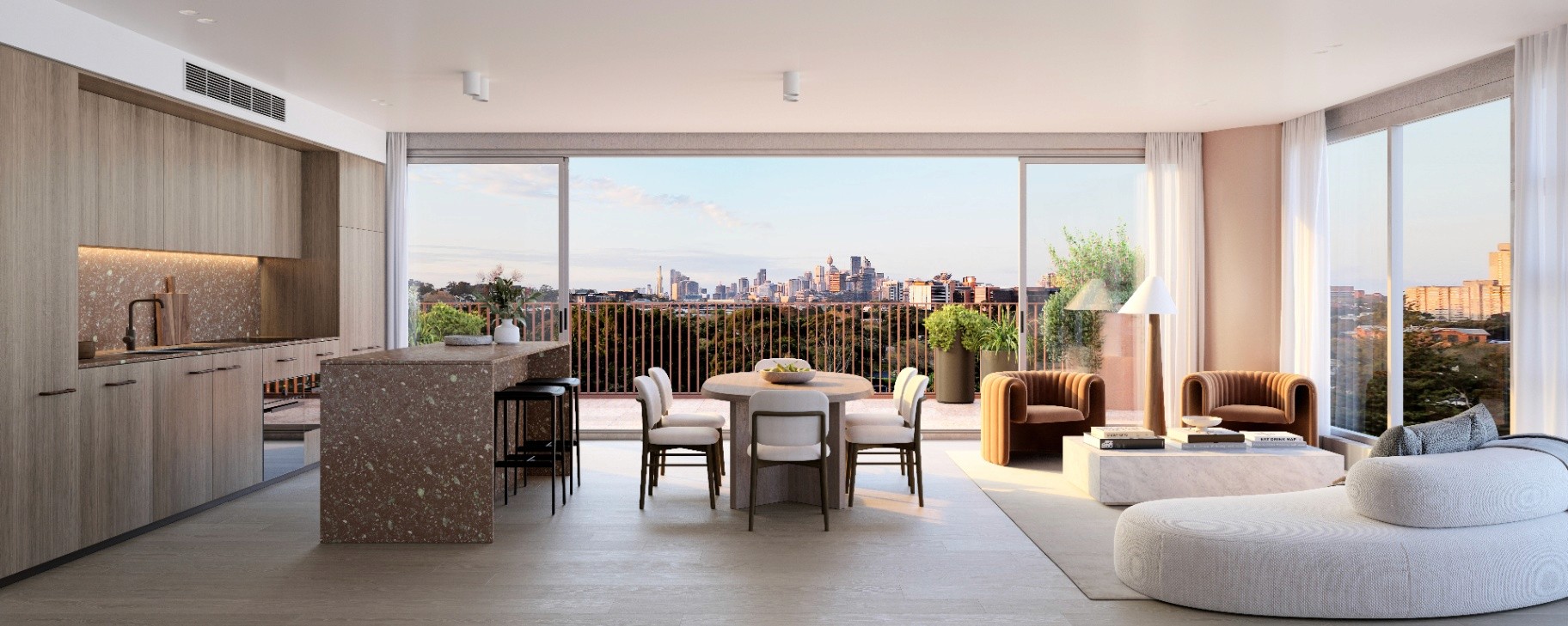 Open-plan kitchen and living area in Lillian Erskineville apartment with premium finishes and city outlook