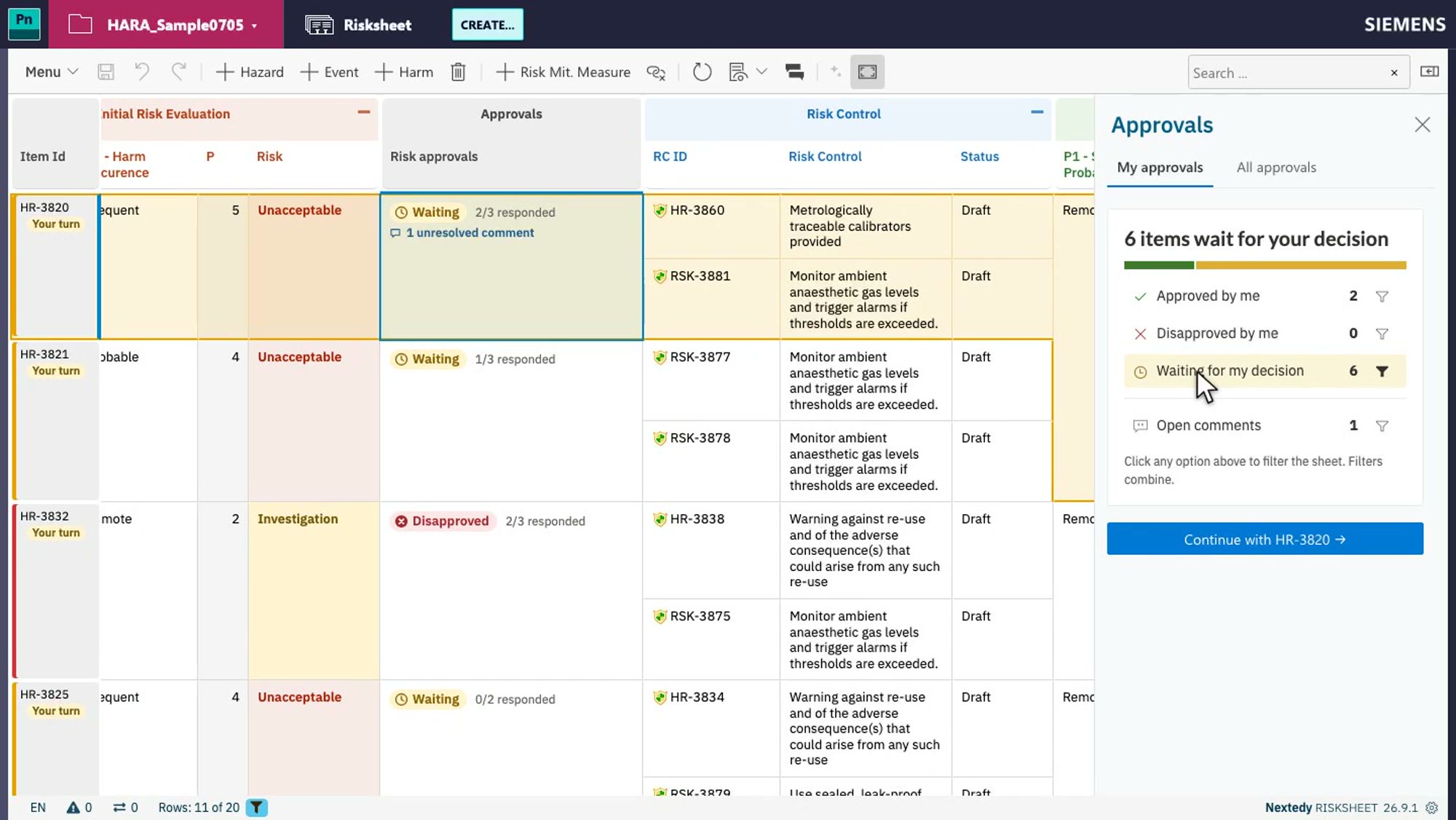 Risksheet with the Approvals sidebar open: six items wait for your decision, and the risk rows show their approval state