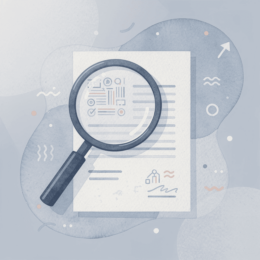 Magnifying glass examining printed materials for quality assessment
