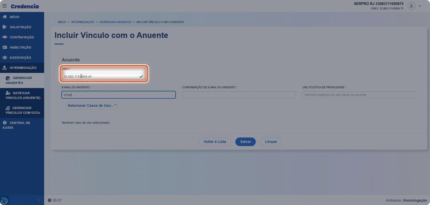 Captura de tela de referência do Credencia para Passo 2 — Informar o CNPJ do anuente. Contexto: 27 — Novo Anuente.
