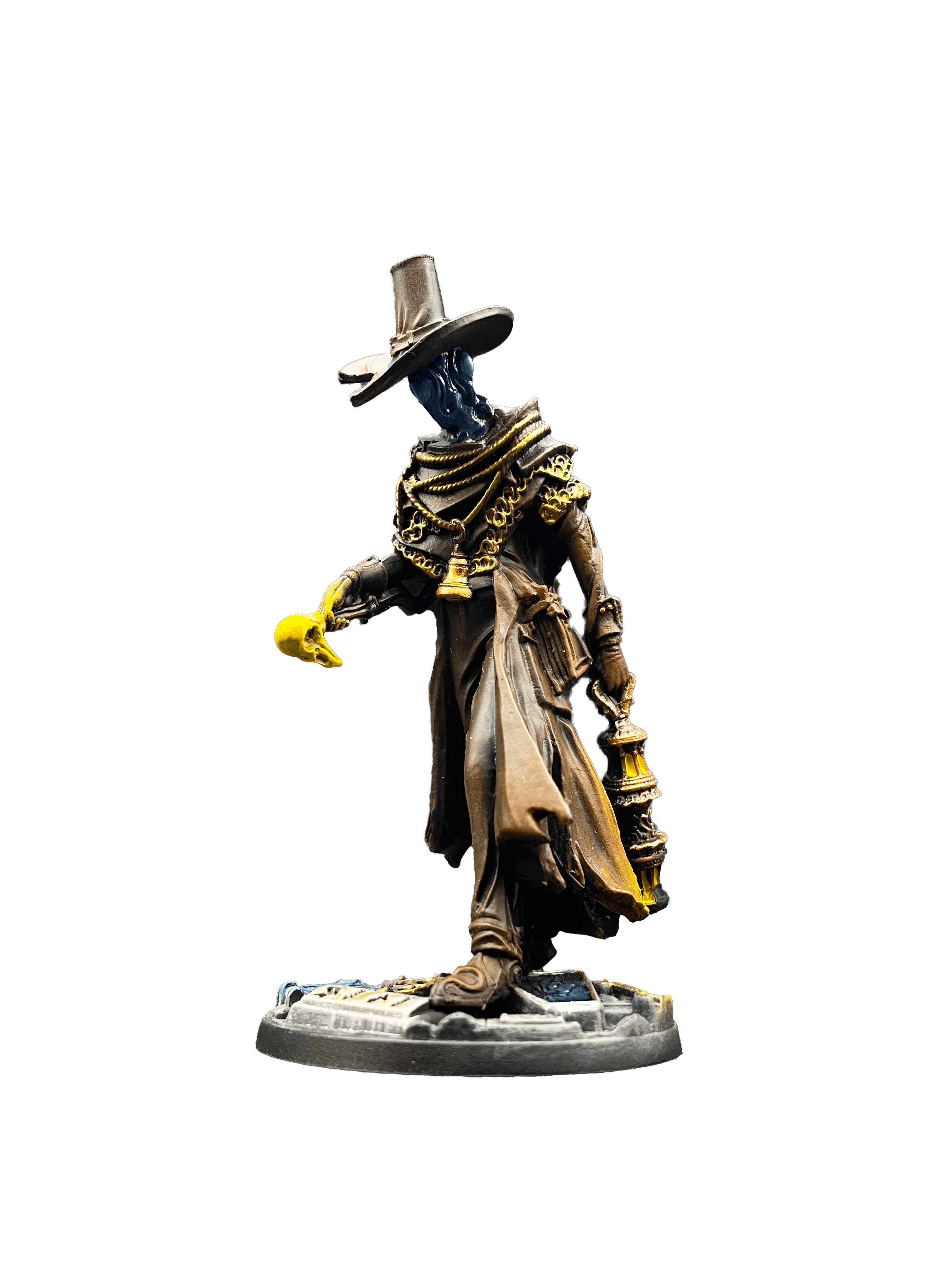 Ručně malovaná figurka z hry Etherfields, postava v klobouku s lucernou bez pozadí