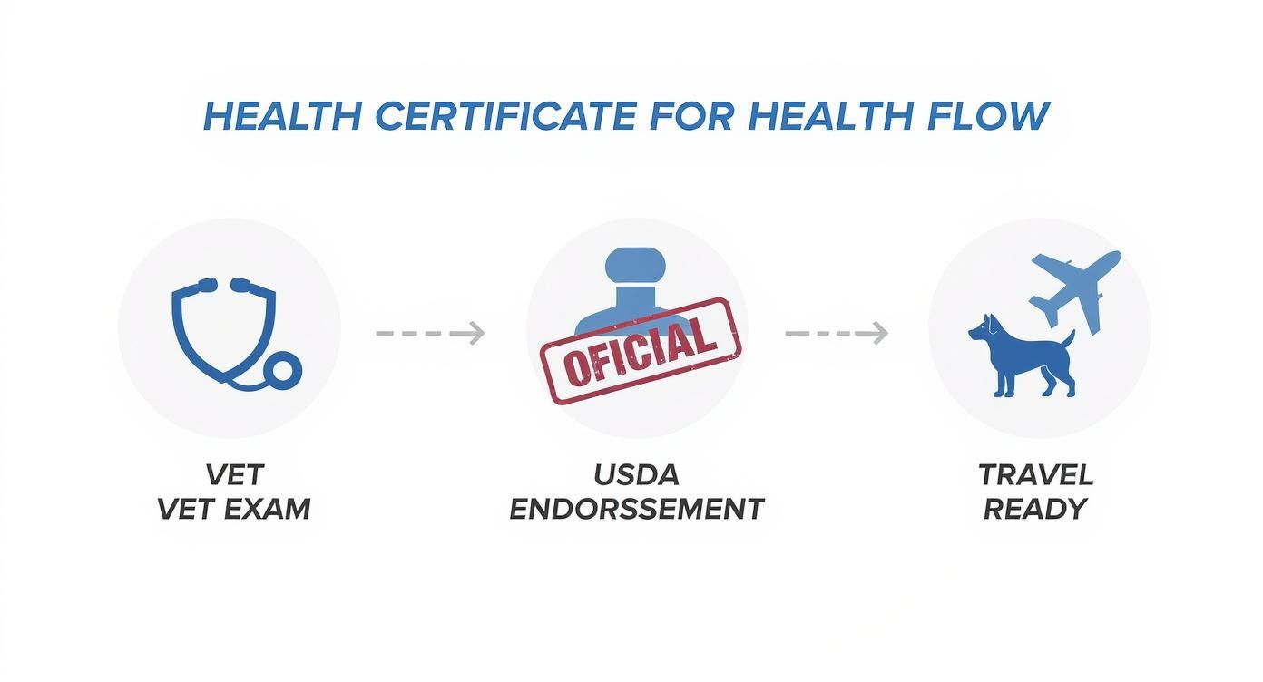 Health certificate process flow showing vet exam, USDA endorsement, and travel readiness for pets
