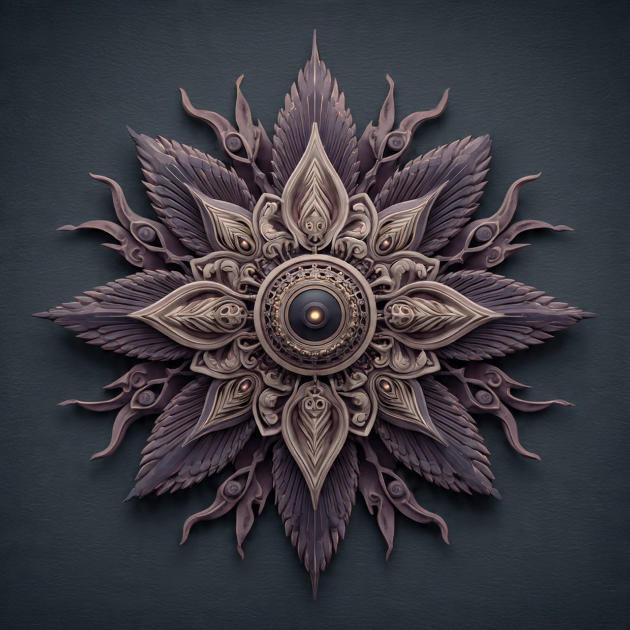 Ornate, stylized skull surrounded by red wings, gears, and flowers.