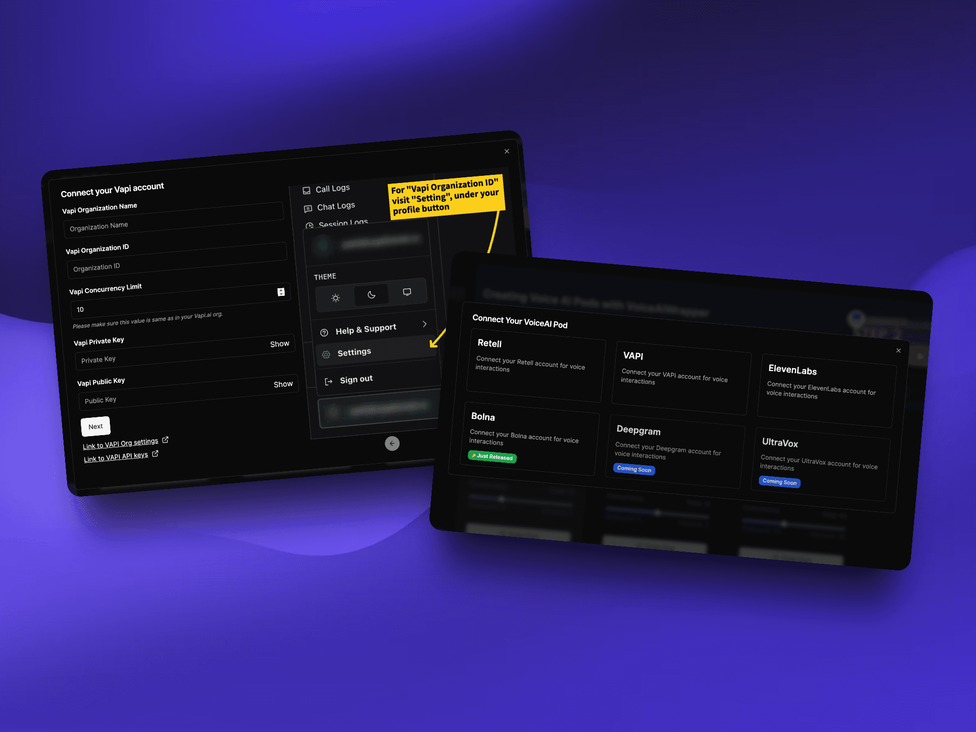 Awaz.ai alternative with multi-provider voice AI white label | VoiceAIWrapper - Connect multiple voice AI providers including Vapi, Retell, ElevenLabs, Bolna, Deepgram, and UltraVox under your brand with unified dashboard showing Vapi organization settings, API keys configuration, and seamless multi-provider integration for white-label voice AI agencies | VoiceAIWrapper