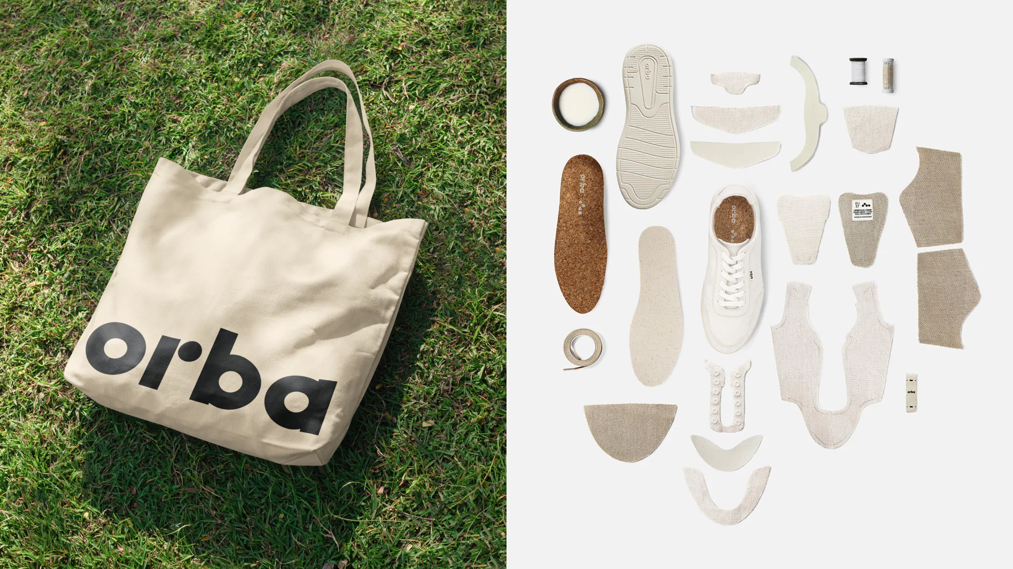 Exploded view of a pair of Orba Ghost sneakers on a plain grey background.