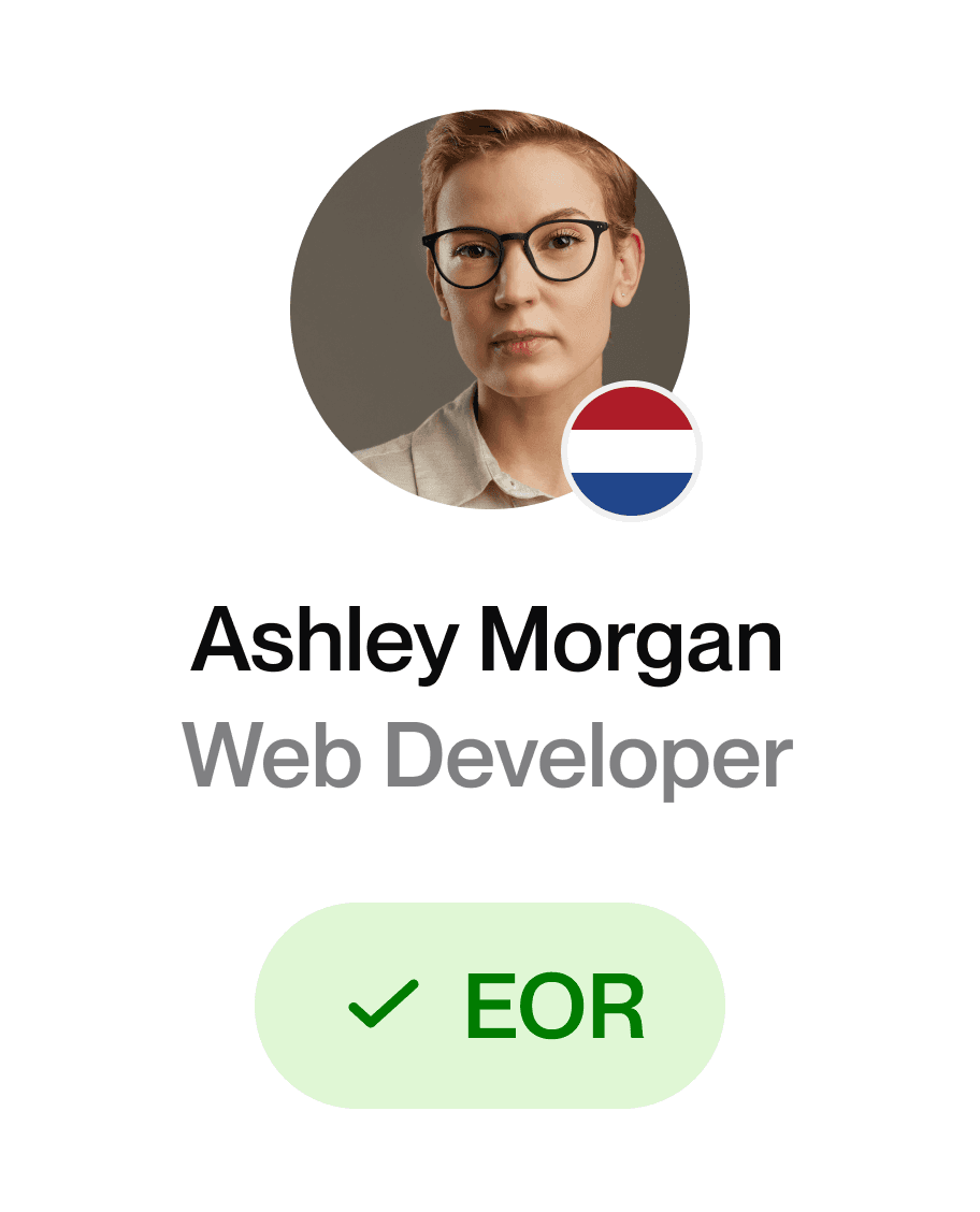 Talent card with EOR tag.Talent card showing a talent's headshot, Web Developer, with a dutch flag icon indicating his nationality.  A button below says "Classified".
