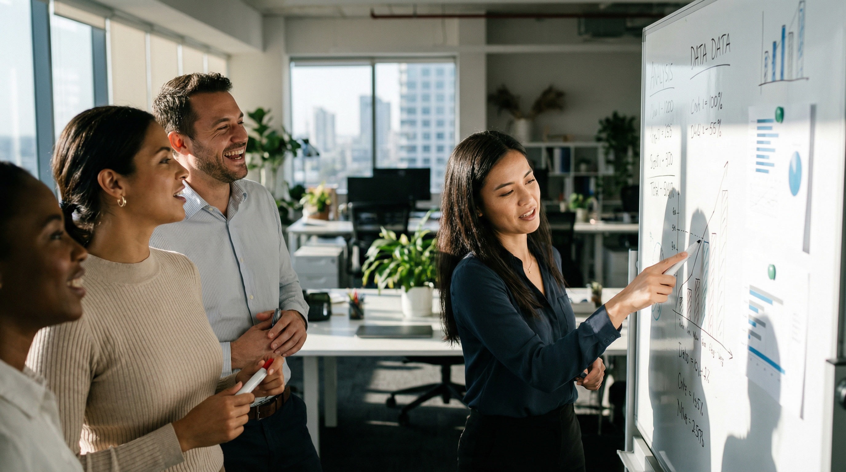 Four people standing at a whiteboard with charts labeled Tata Data, with one woman pointing at the diagrams while the group looks on.