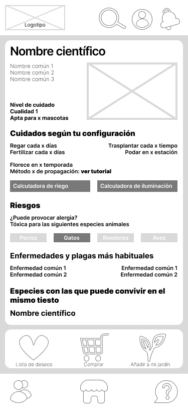Wireframes de baja fidelidad de las pantallas principales de la app de jardinería