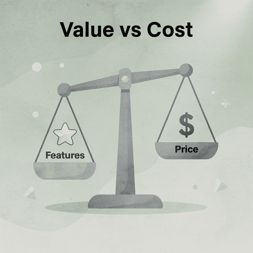 Balance scale weighing features against price