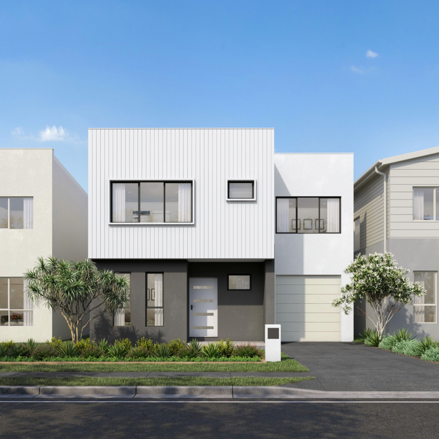 Stylish turnkey home exterior at Madison Gardens Austral featuring modern architecture and street frontage, Coposit $10K entry