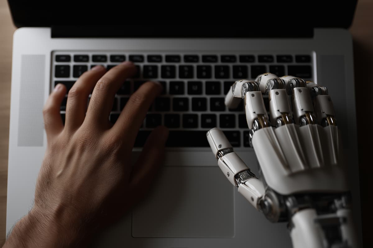 Human-Robot Collaboration, both are typing on a keyboard of a laptop