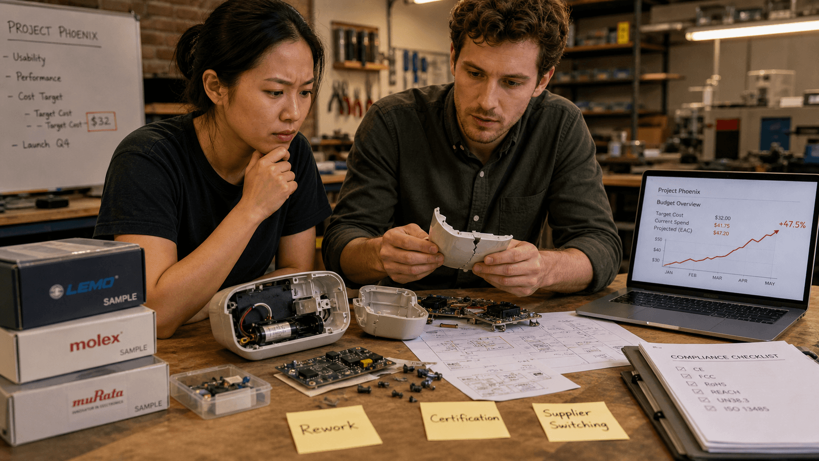 A founder and engineer review a disassembled prototype with marked-up drawings, compliance checklist, supplier samples, and project notes, illustrating rework, certification, and supplier switching costs.