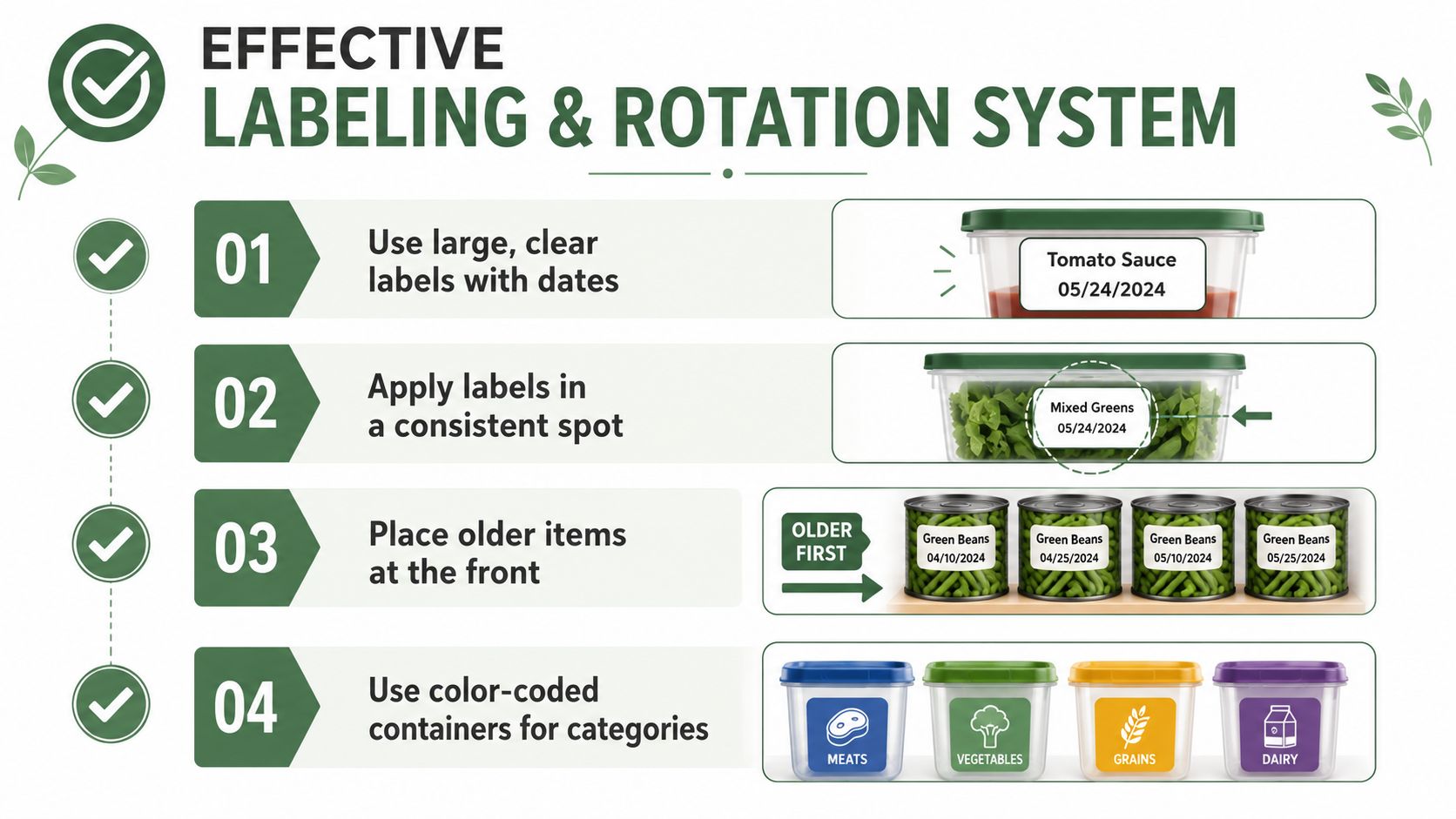 An infographic detailing an effective food labeling and rotation system for kitchen safety and waste reduction.