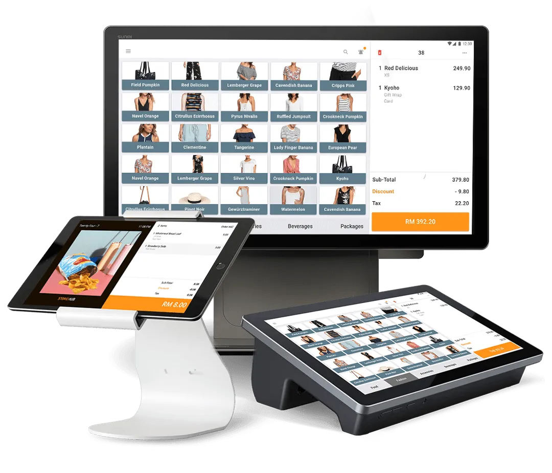 StoreHub cloud POS system for retail and F&B featuring touchscreen terminals and customer-facing display.