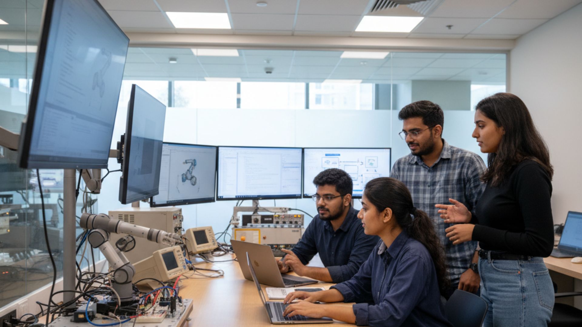 Group of students working on computers and robotics systems in a lab, illustrating the difference between computer science and artificial intelligence through practical and technical learning environments.