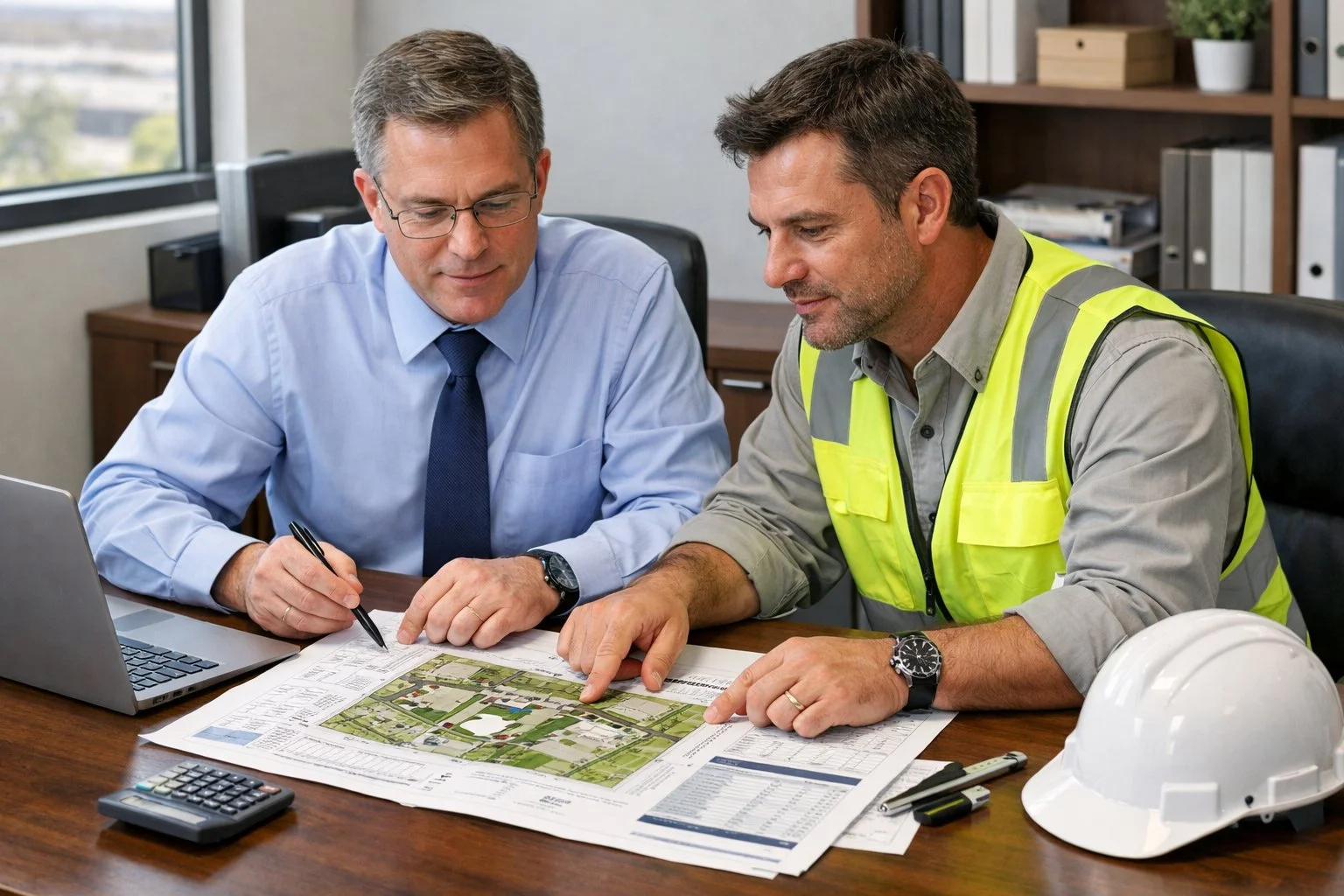 CPA and engineer reviewing a detailed property report together in a professional office, highlighting teamwork and collaboration.