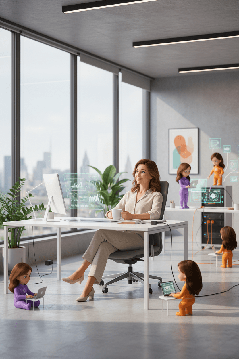 Klidný podnikatel delegující práci AI týmu