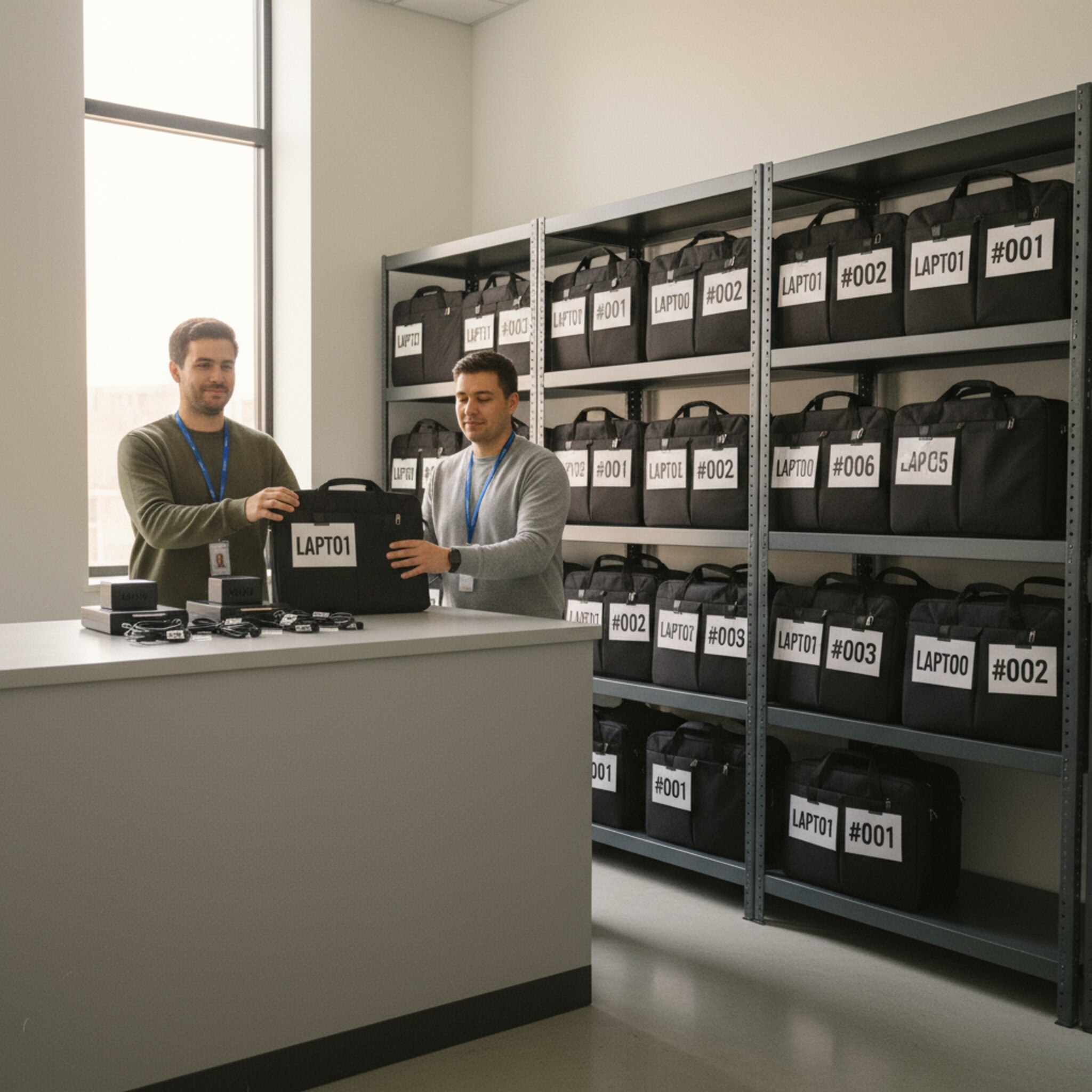 Im IT-Ausgaberaum stehen Regale mit nummerierten Laptoptaschen. Ein Mitarbeiter mit Firmenbadge nimmt eine Tasche entgegen, daneben liegt eine sauber gebündelte Dockingstation. Warmes Licht und klare Beschriftungen bestimmen die Szene. Der Moment wirkt ruhig, organisiert und zeigt eine strukturierte Hardwareübergabe. Zubehör liegt ordentlich bereit und ist eindeutig zugeordnet.