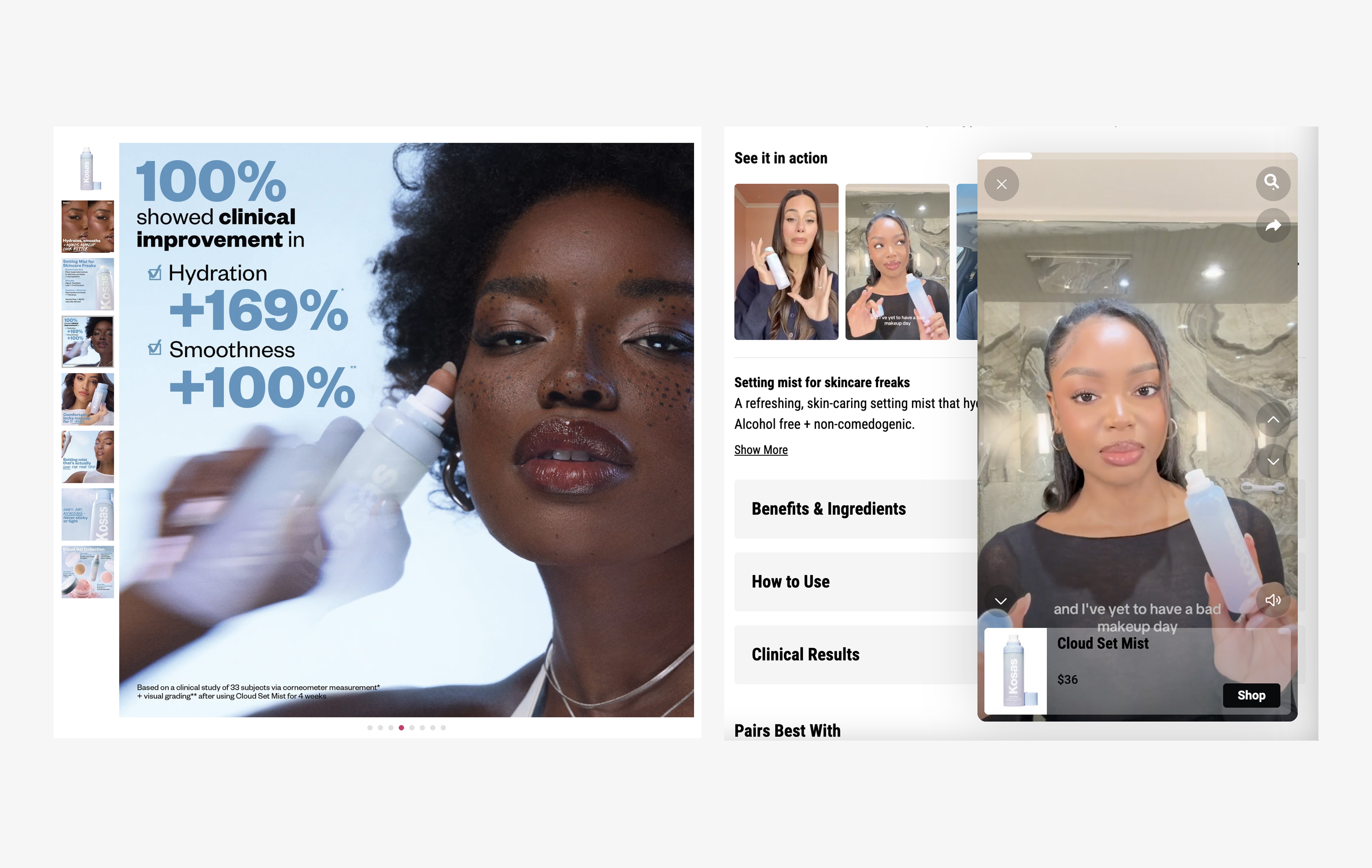 Kosas product page showing branded visuals with UGC carousel and autoplay videos