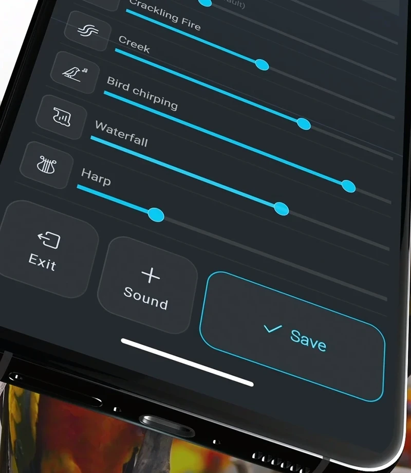 Sleep Sounds mobile app UI with sound mixer controls and save button mockup