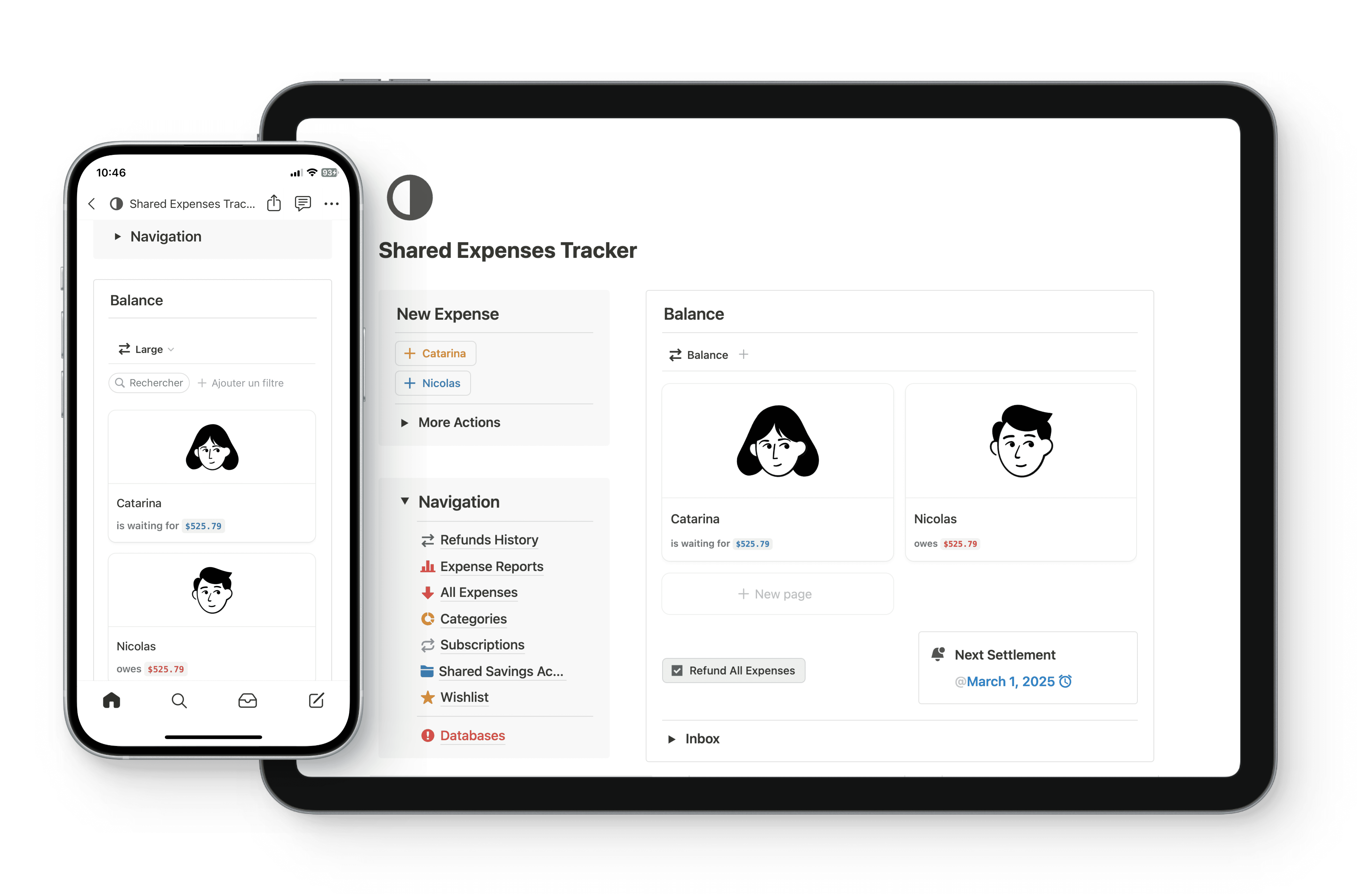 An iPad and an iPhone both showing the homepage of the Shared Expenses Tracker Notion template