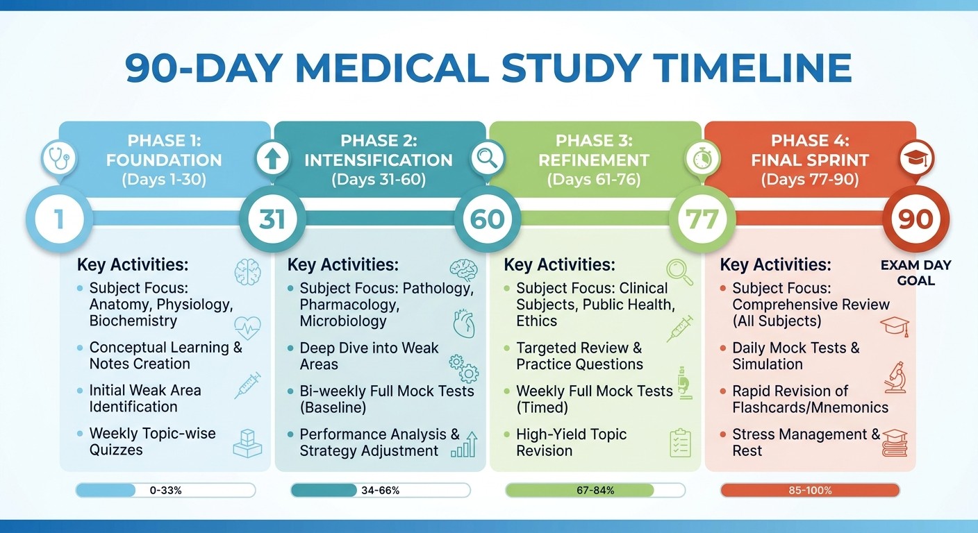 UPSC CMS 90-day timeline with weekly milestones and mock test schedule