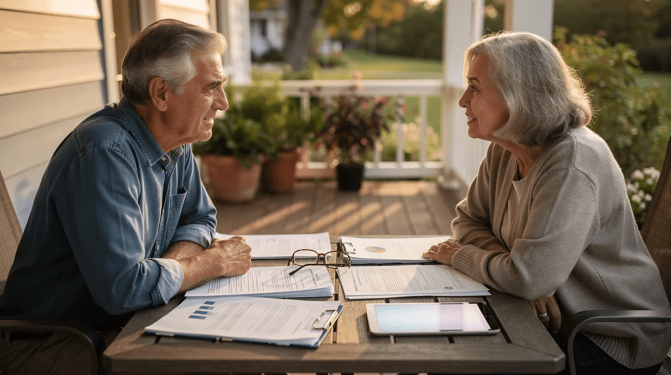 An older couple is seated on a porch, engaged in a thoughtful conversation while reviewing documents and a tablet placed on the table. They appear to be discussing investment opportunities, possibly related to angel investing and the potential of early stage startups.