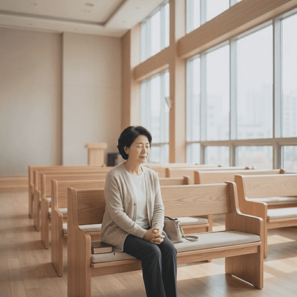 교회 본당 의자에 앉아 기도하는 성도의 모습 - 본질을 지키는 교회와 이를 돕는 기술의 가치
