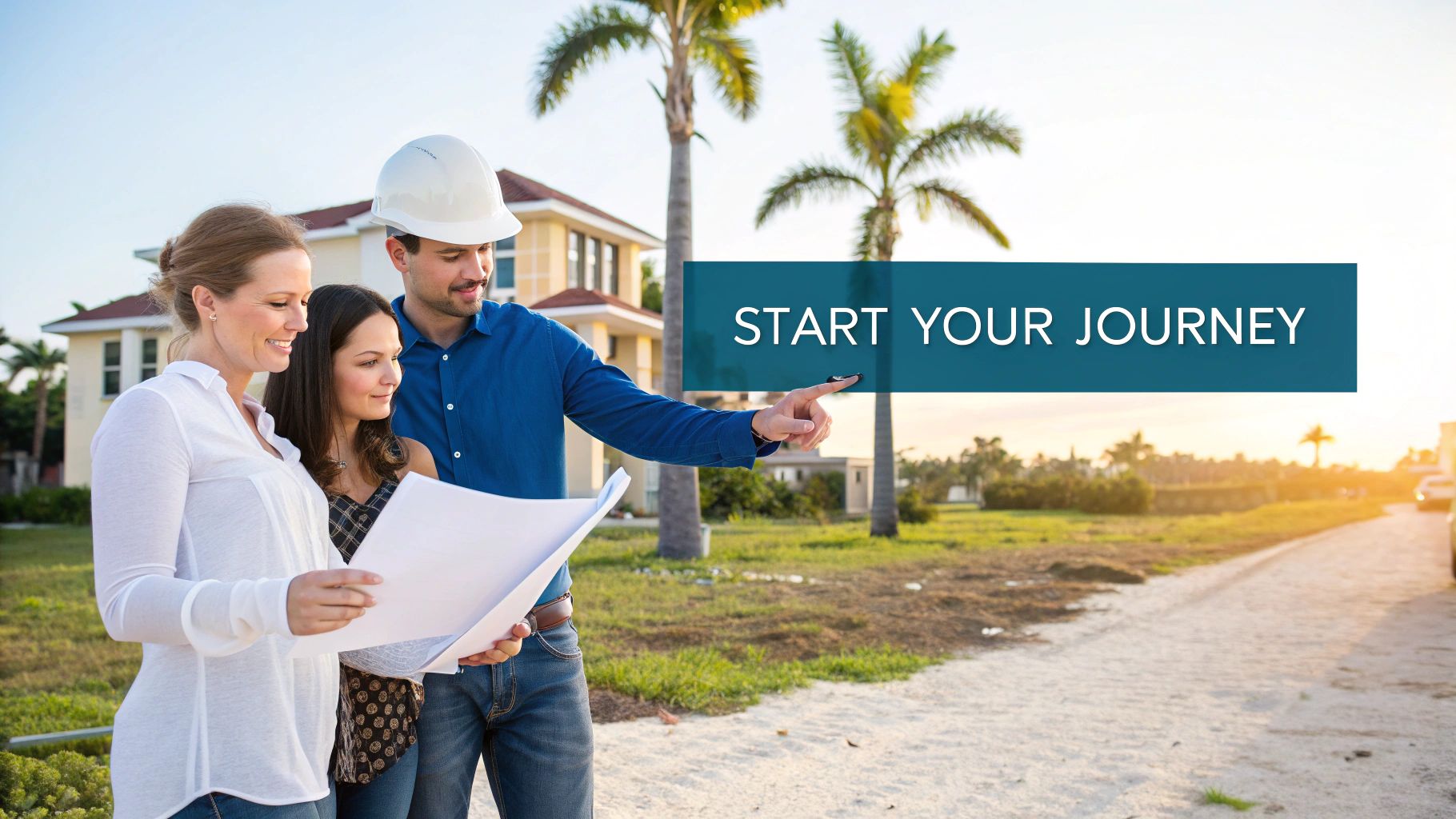 A construction worker in a hard hat points while two women review blueprints for a new home project.