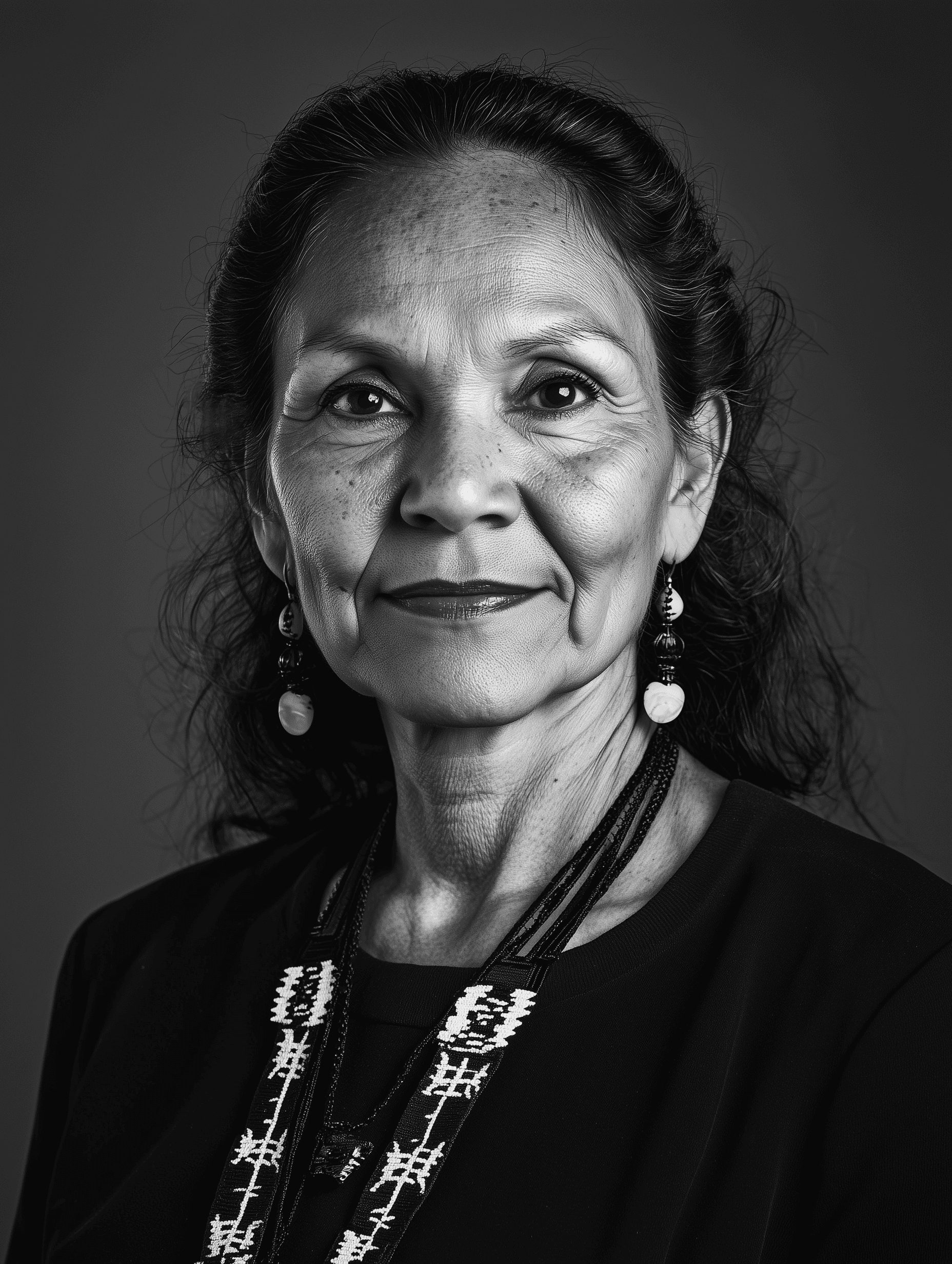 A portrait of a woman with long hair, wearing traditional jewelry, against a dark background.