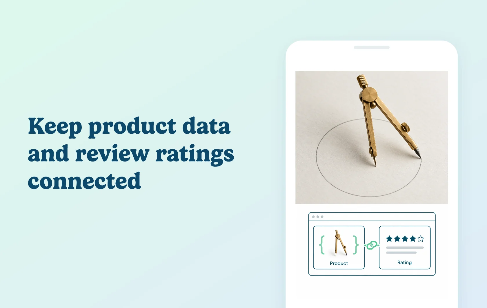 Judge.me and Plug in SEO integration: illustration of a drawing compass and its product feedback connected to structured data.