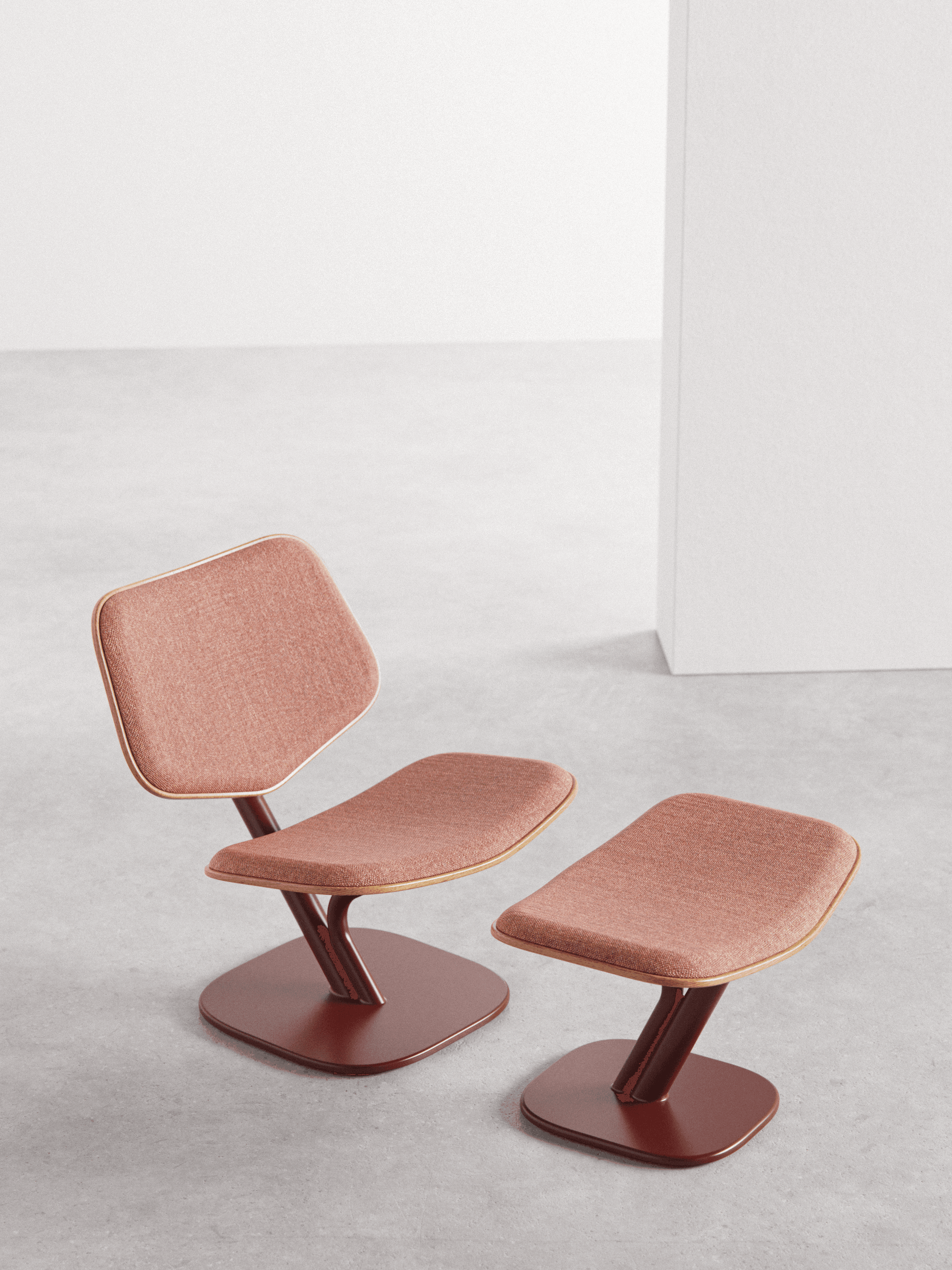 Till Lounge Chair and ottoman rear three-quarter view, oak plywood back with red cast metal Y-frame base