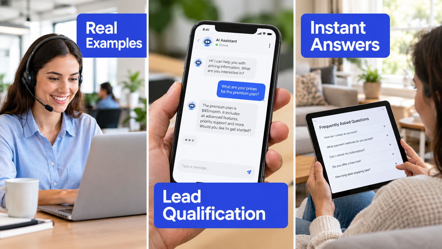 A split image demonstrating how an AI chatbot provides customer support, answers FAQs, and qualifies sales leads.