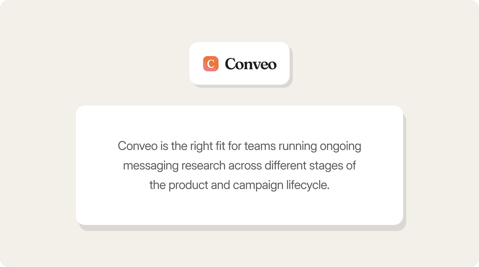 Graphic featuring the Conveo logo — an orange "C" icon — above a white card on a beige background, with the text: "Conveo is the right fit for teams running ongoing messaging research across different stages of the product and campaign lifecycle."