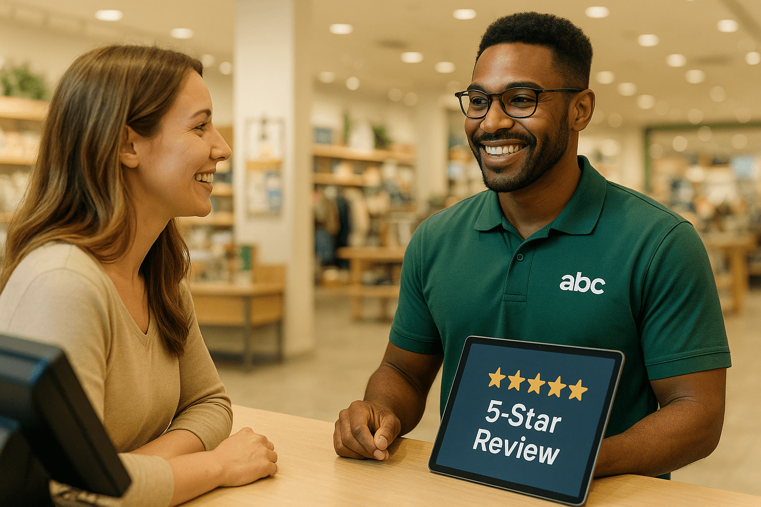 Photo-realistic image of a retail employee delivering exceptional customer service, inspired by training success stories.