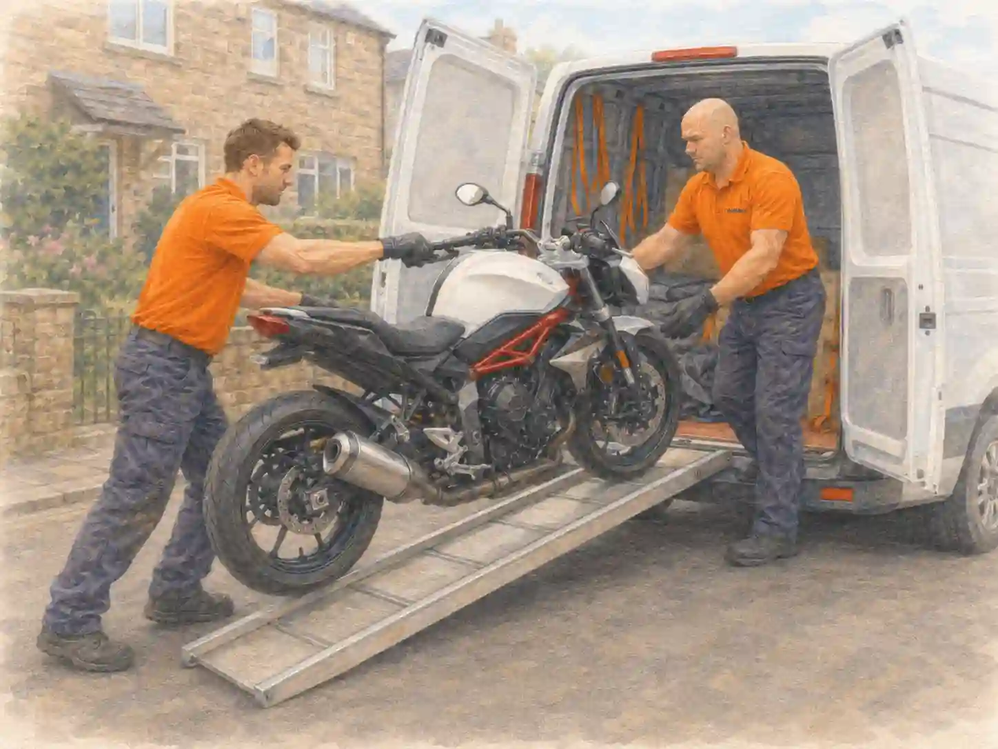 Two men load a motorbike into a van using a motorbike ramp
