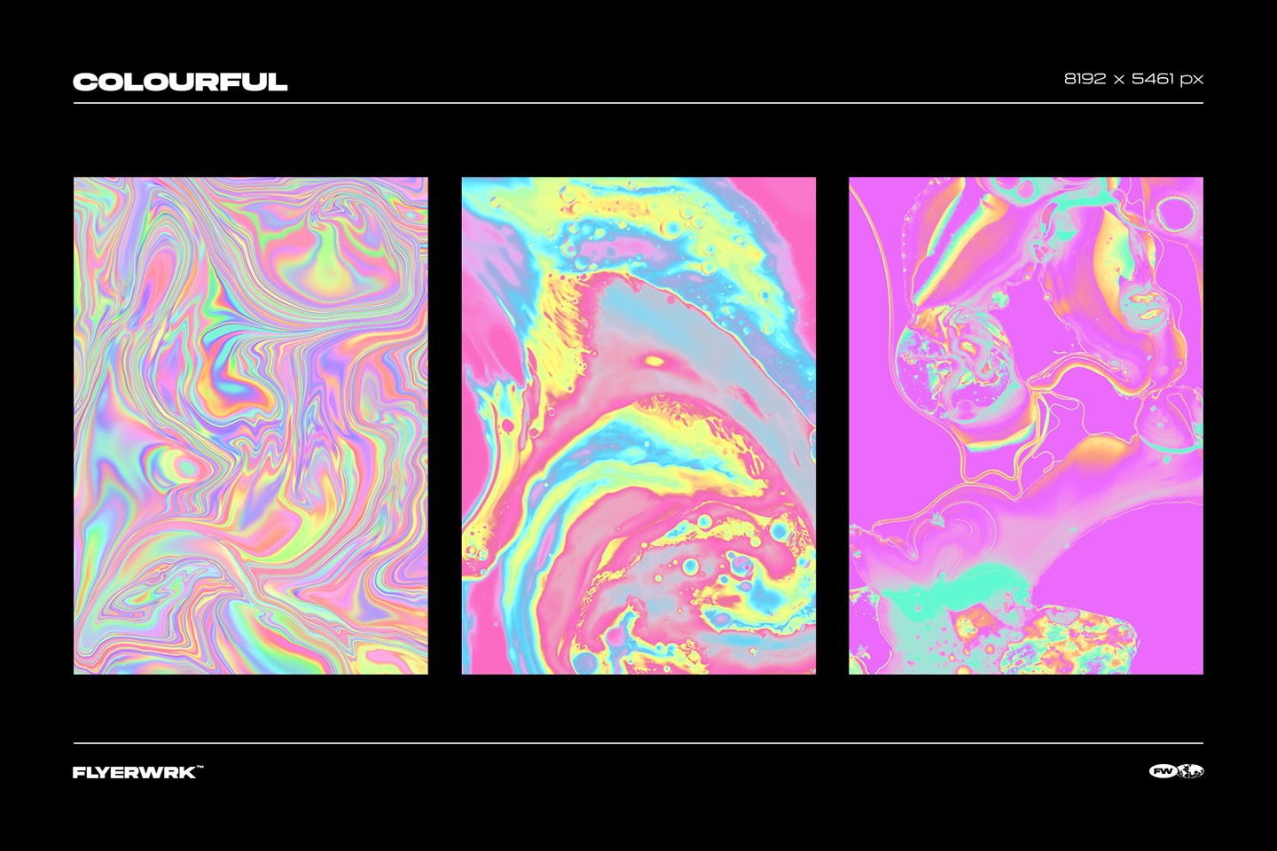 Trippy psychedelic backgrounds with a colorful marble effect featuring intense iridescent pink and cyan patterns
