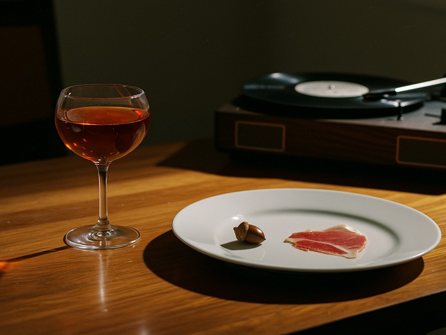 A slide of iberico ham and a turntable.