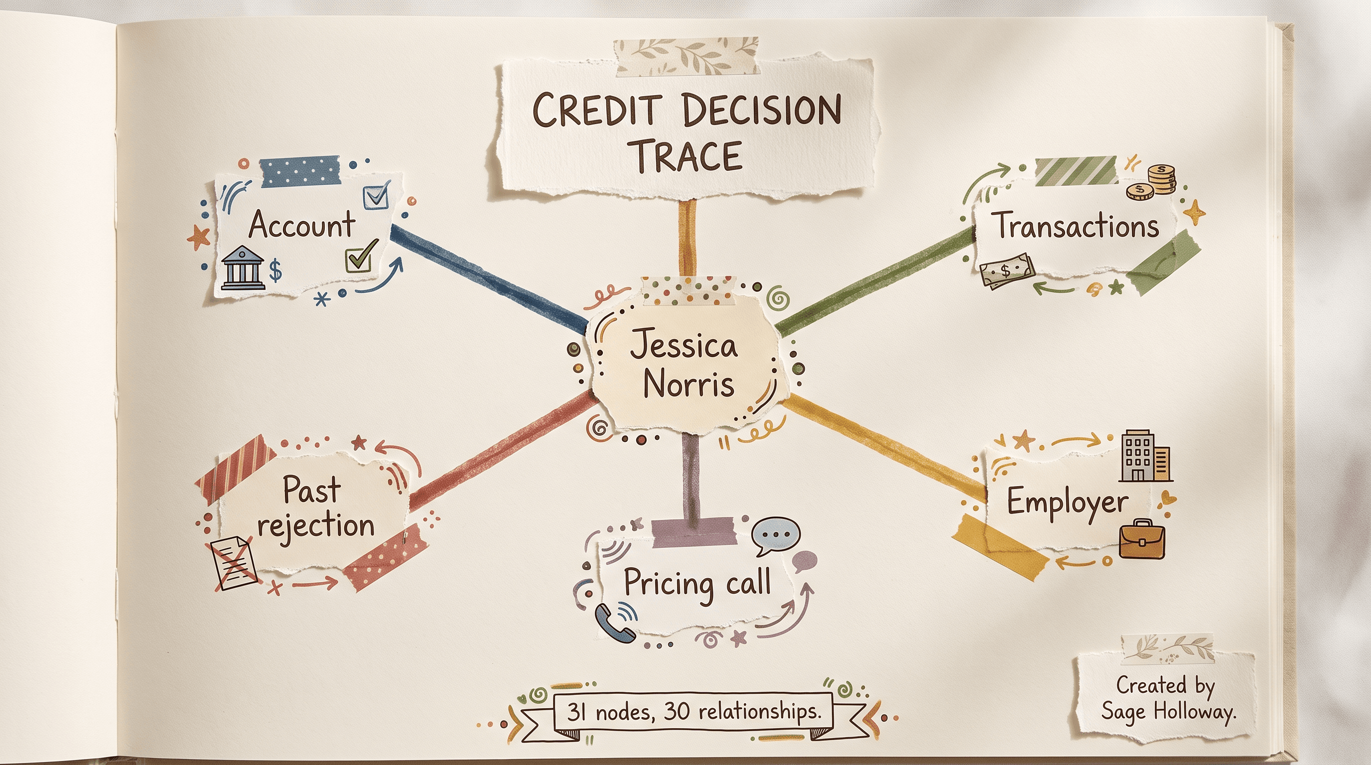 Scrapbook node-edge layout of a customer credit decision trace with accounts, transactions, and prior rejections