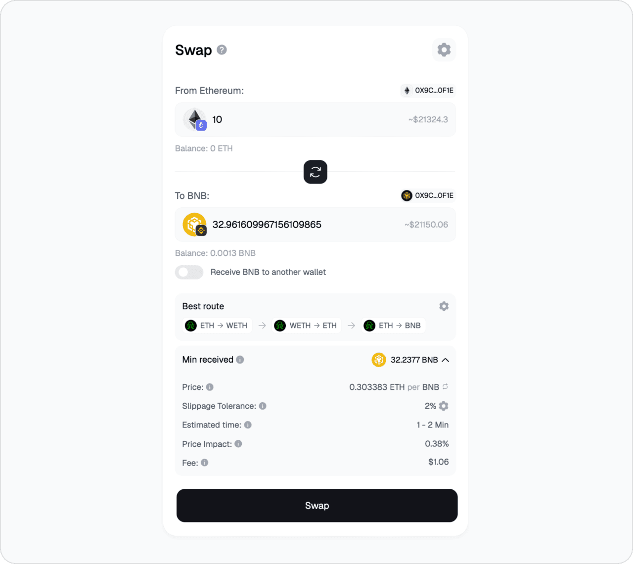 Live Symbiosis app screen — ETH to BNB Chain bridge route, native BNB output, best-route preview with quote.