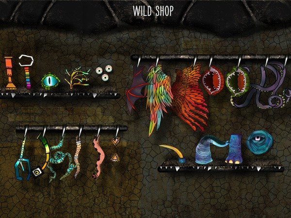 The image shows a display of colorful, stylized designs hanging from black metal racks mounted on a dark brown, cracked wall. The designs include abstract shapes and patterns in vibrant colors such as orange, green, blue, purple, and pink. The words “WILD SHOP” are displayed in white text at the top of the image. The racks are evenly spaced and hold items of varying lengths and shapes. The background wall has a textured, cracked appearance.