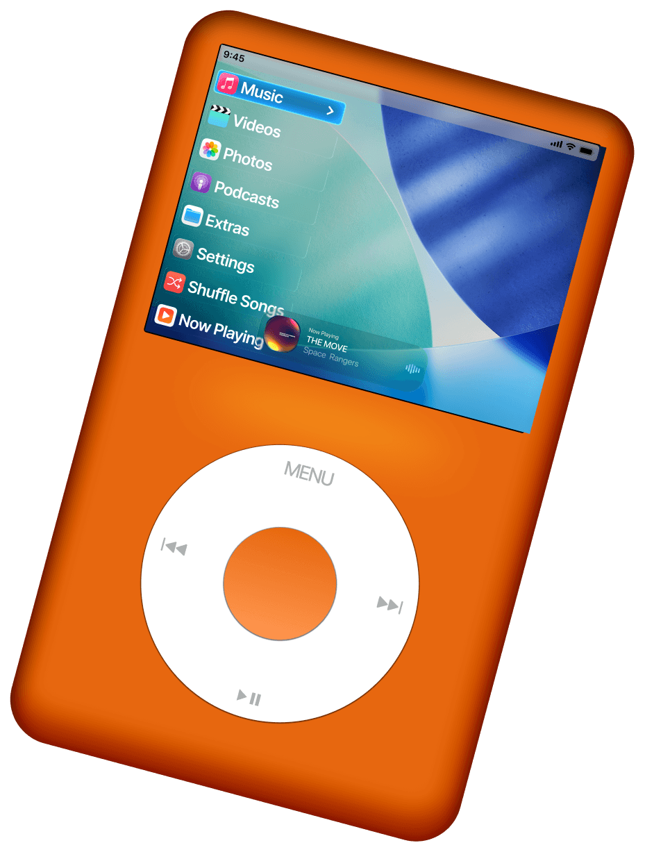iPod Revive project card showing a device concept render of the reimagined music player with click wheel and modern display