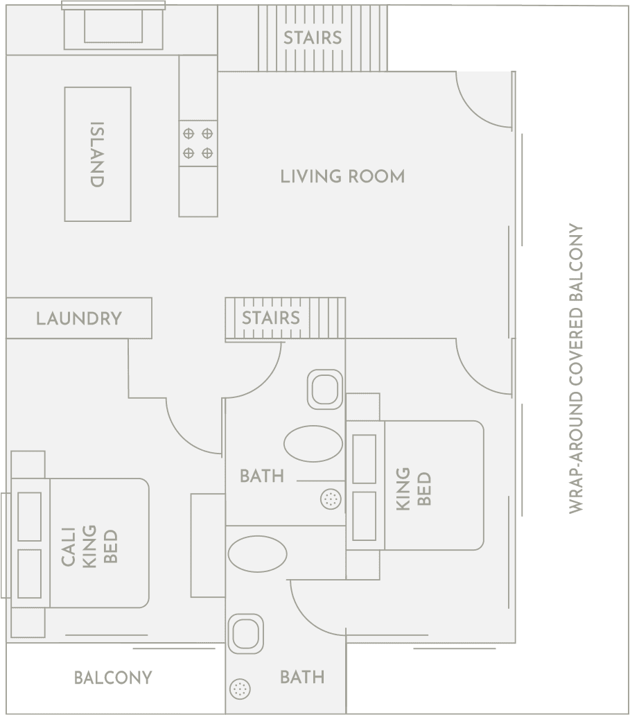 Floor plan of the Pool House Apartment at Club Vieques, featuring a living room, two bedrooms, two baths, a kitchen island, laundry, and wrap-around covered balcony.