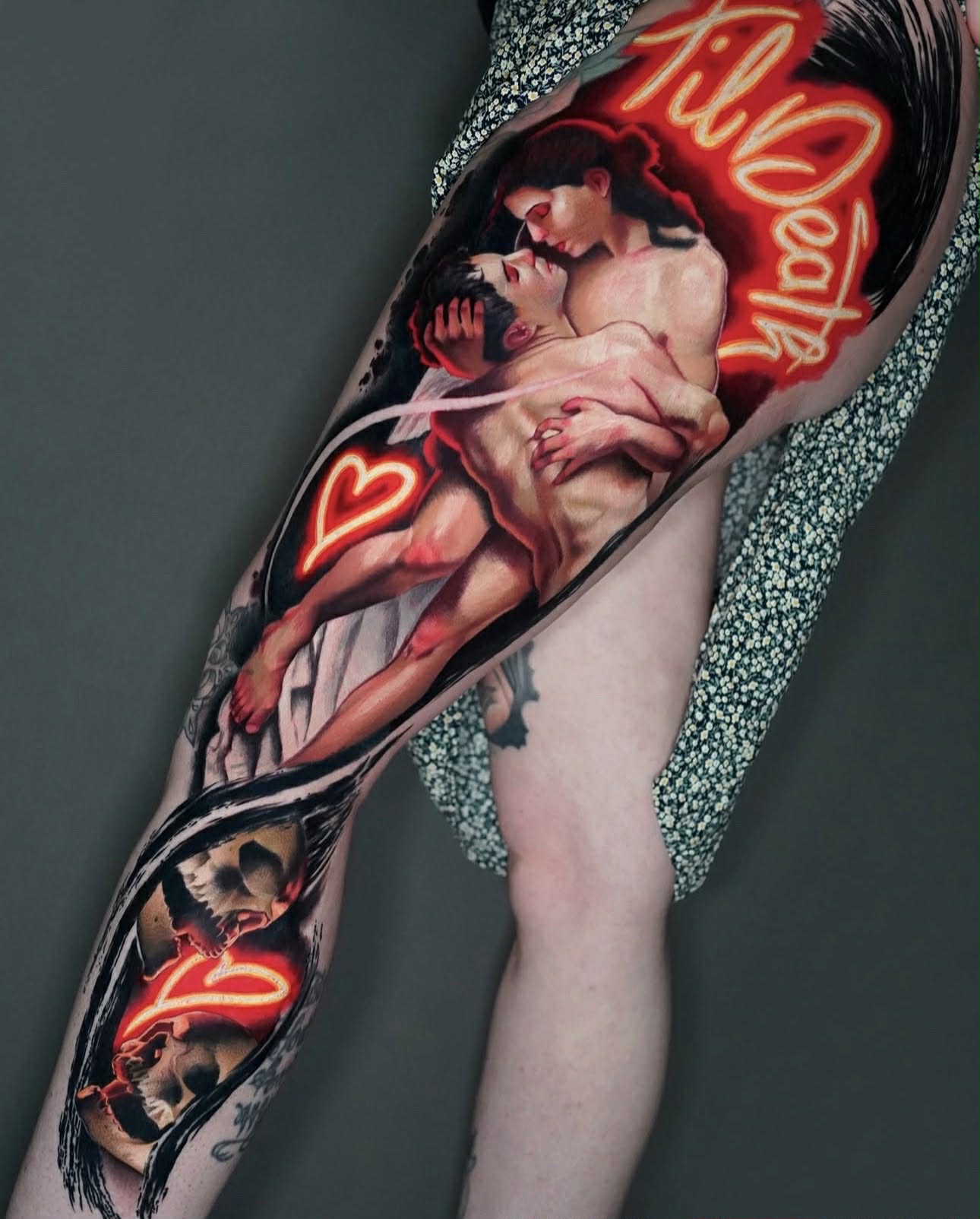 Surreal back tattoo of running man with abstract elements.