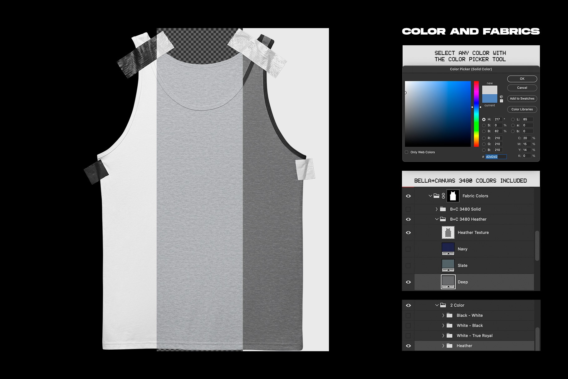 Bella+Canvas 3480 Tanktop Taped mockup fabric color options with Photoshop controls